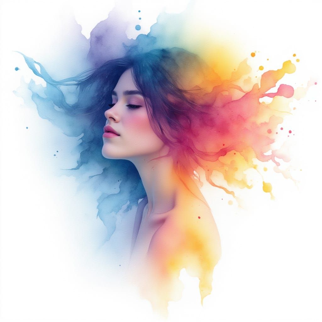 Luminous Watercolor Portrait of Woman with Multicolored Hair