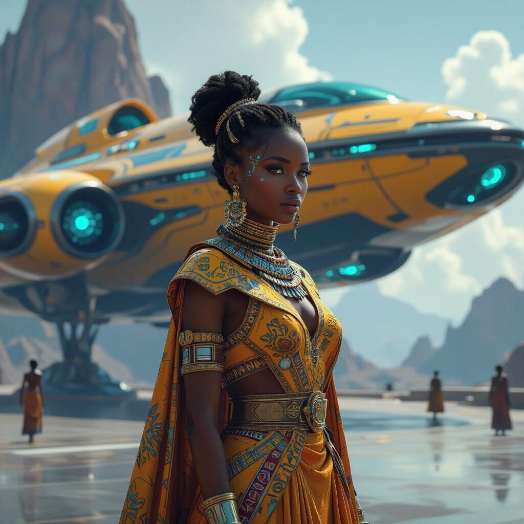 African Woman with Alien Features Before Futuristic Starship