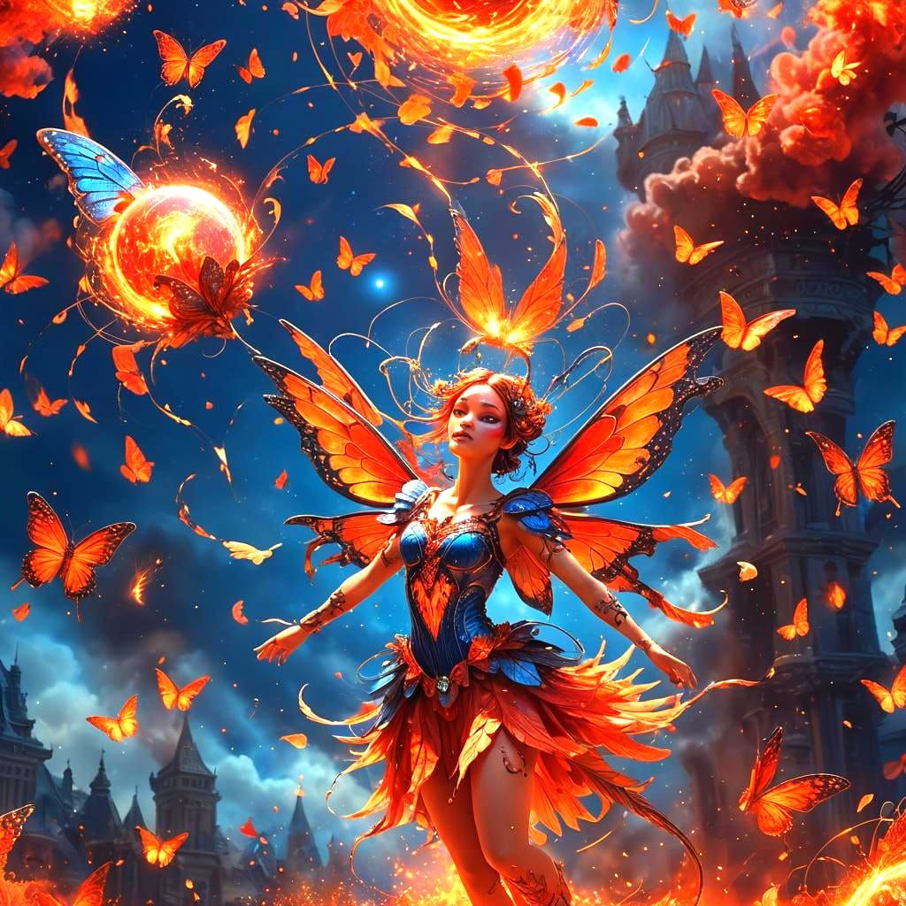 Fiery Landscape with Butterfly Fairy, Digital Art