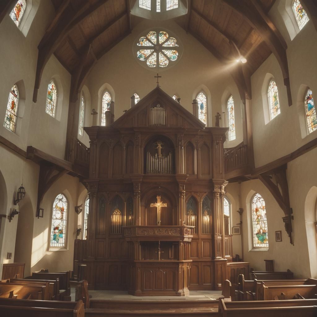 Sunlit Irish Chapel Interior: A Cinematic Still