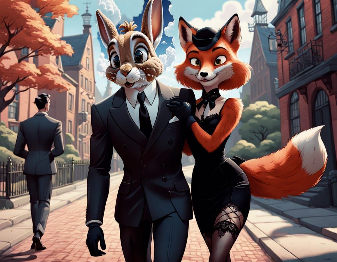 Tex Avery-Style Cartoon Rabbit and Goth Fox Couple