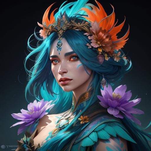 Dragon Woman with Rainbow Skin and Flower Crown