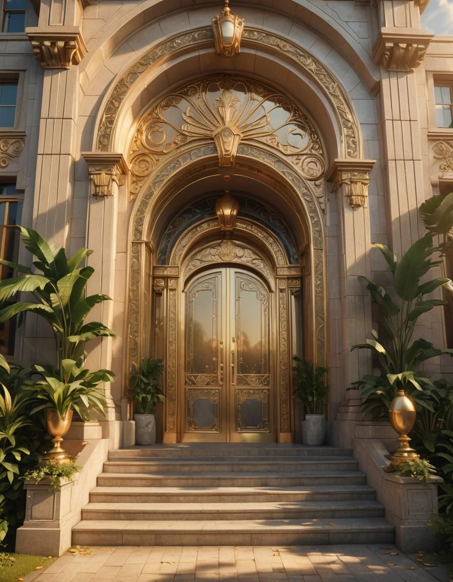 Luxurious Art Deco Palace Entrance in Golden Light