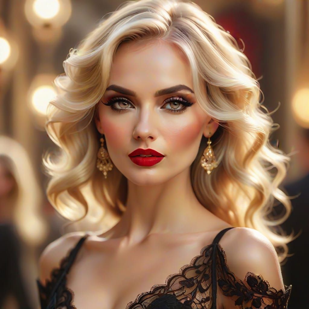 Elegant Lady in Black Lace Oil Painting