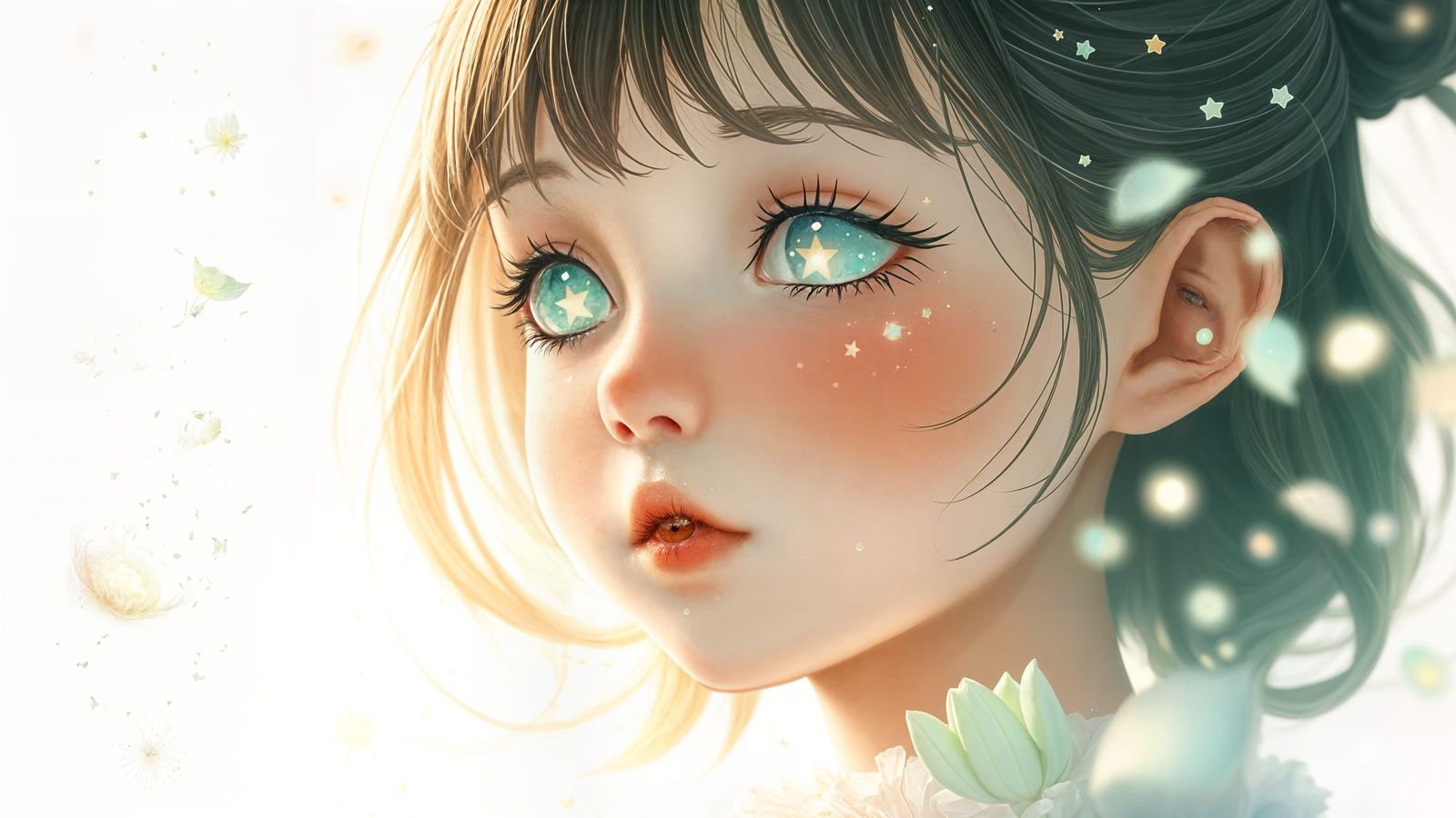 A Pure Girl Underwater with Luminous Petals and a Green Them...