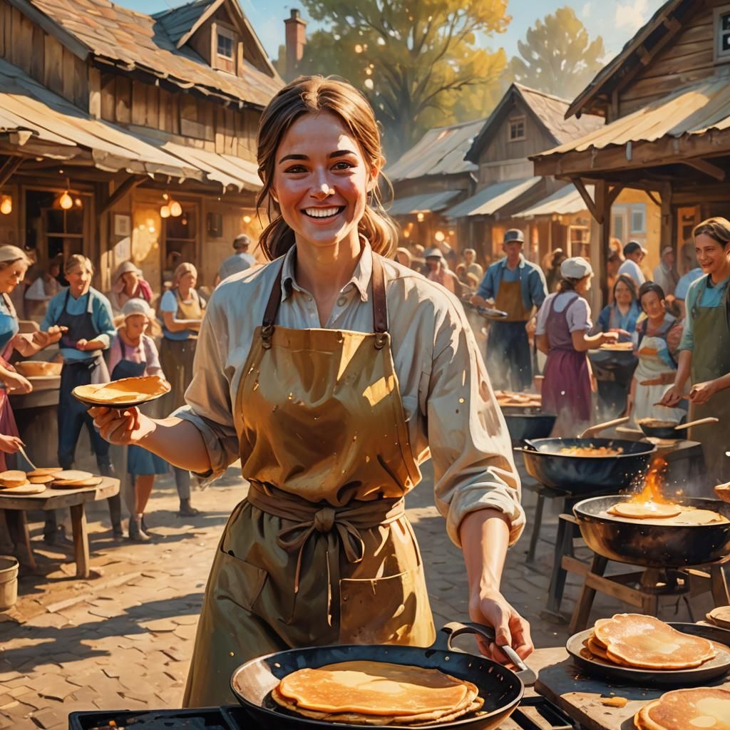 Pancake Flipper at Village Fair as Impasto Oil Painting