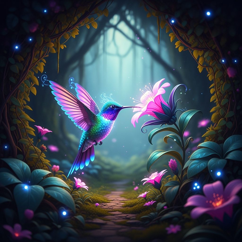 Bioluminescent Hummingbird Sipping Nectar in Dreamlike Jungl...