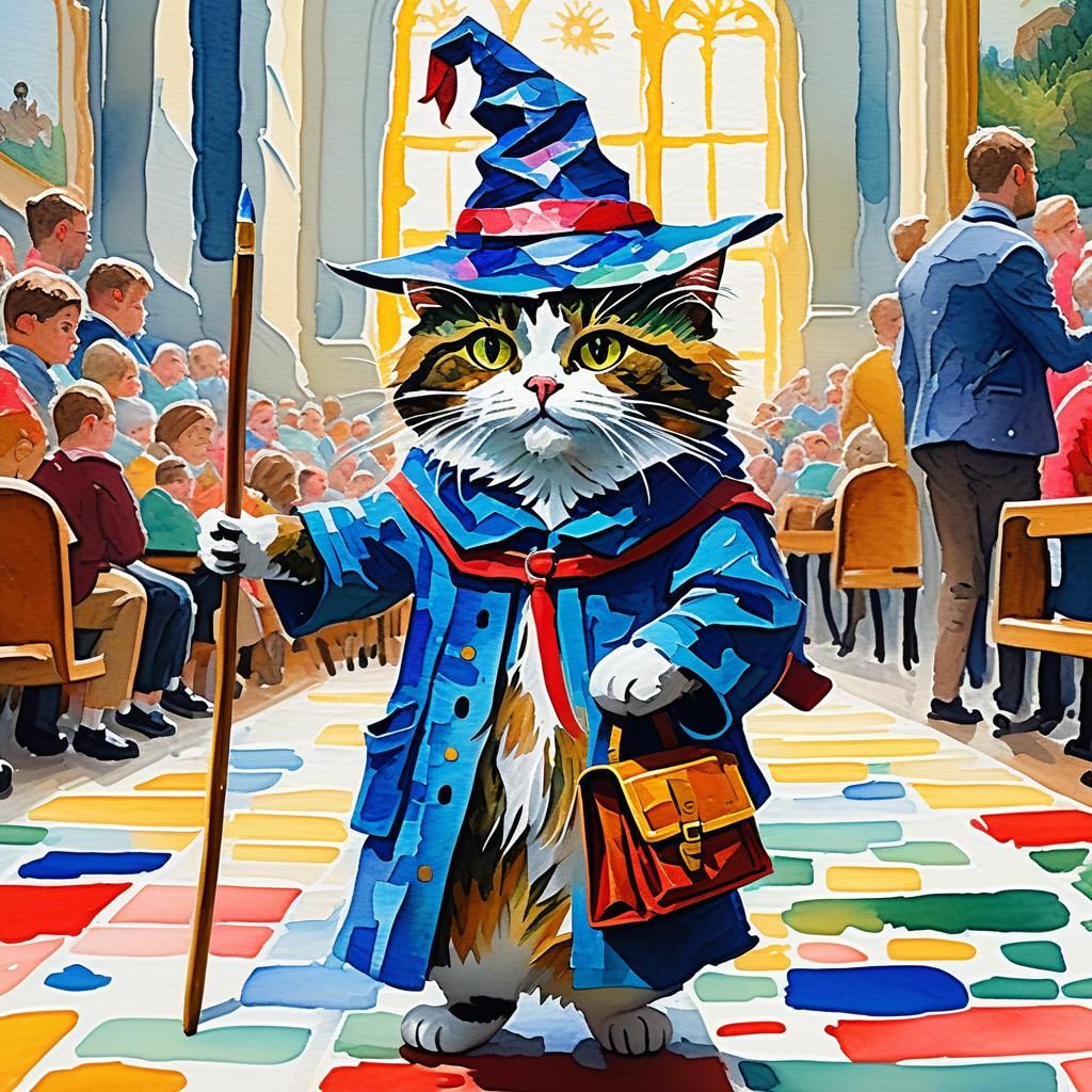 Kitty Wizards' First Day: Gouache Impressionist Painting