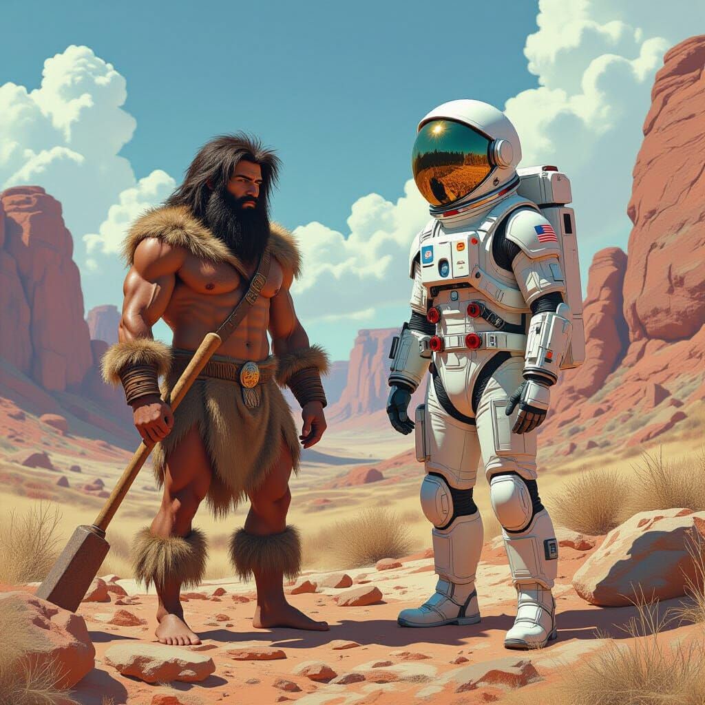 Caveman Meets Astronaut in Prehistoric Landscape