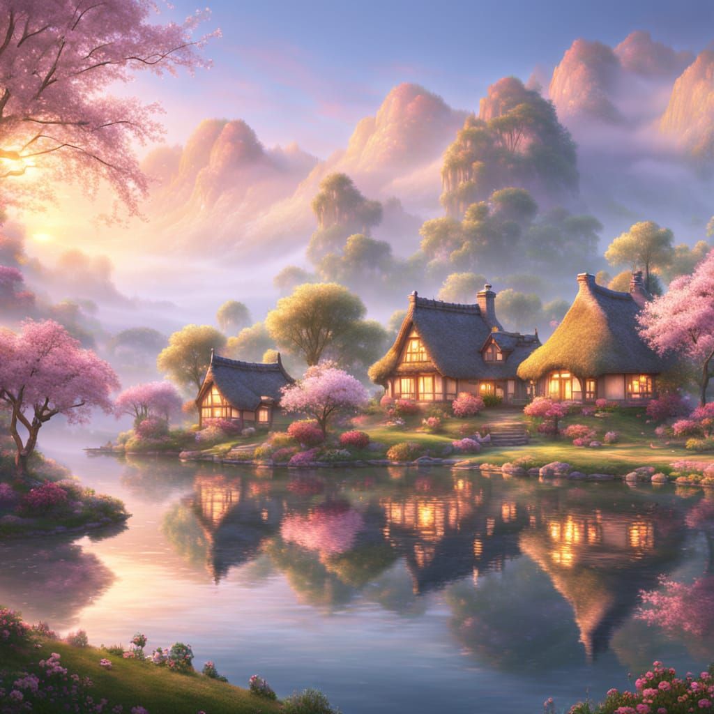 Ethereal Lakeside Village in Thomas Kinkade Style