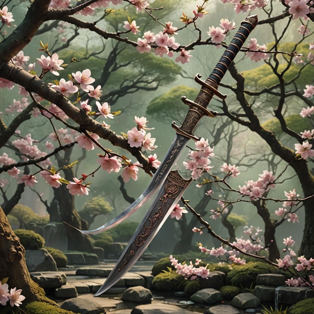Cherry Blossoms Overtake Rusty Sword in Japanese Garden