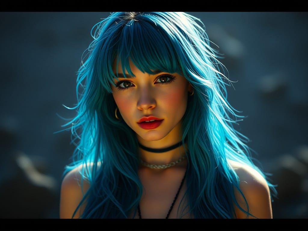 Blue hair Girl, lava  highlights, Cinematic film still, shot on v-raptor XL, film grain, vignette, color graded, post-pr...