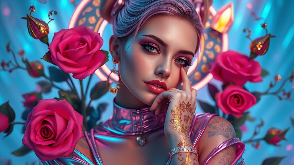 Futuristic Woman with Roses in 3D Style