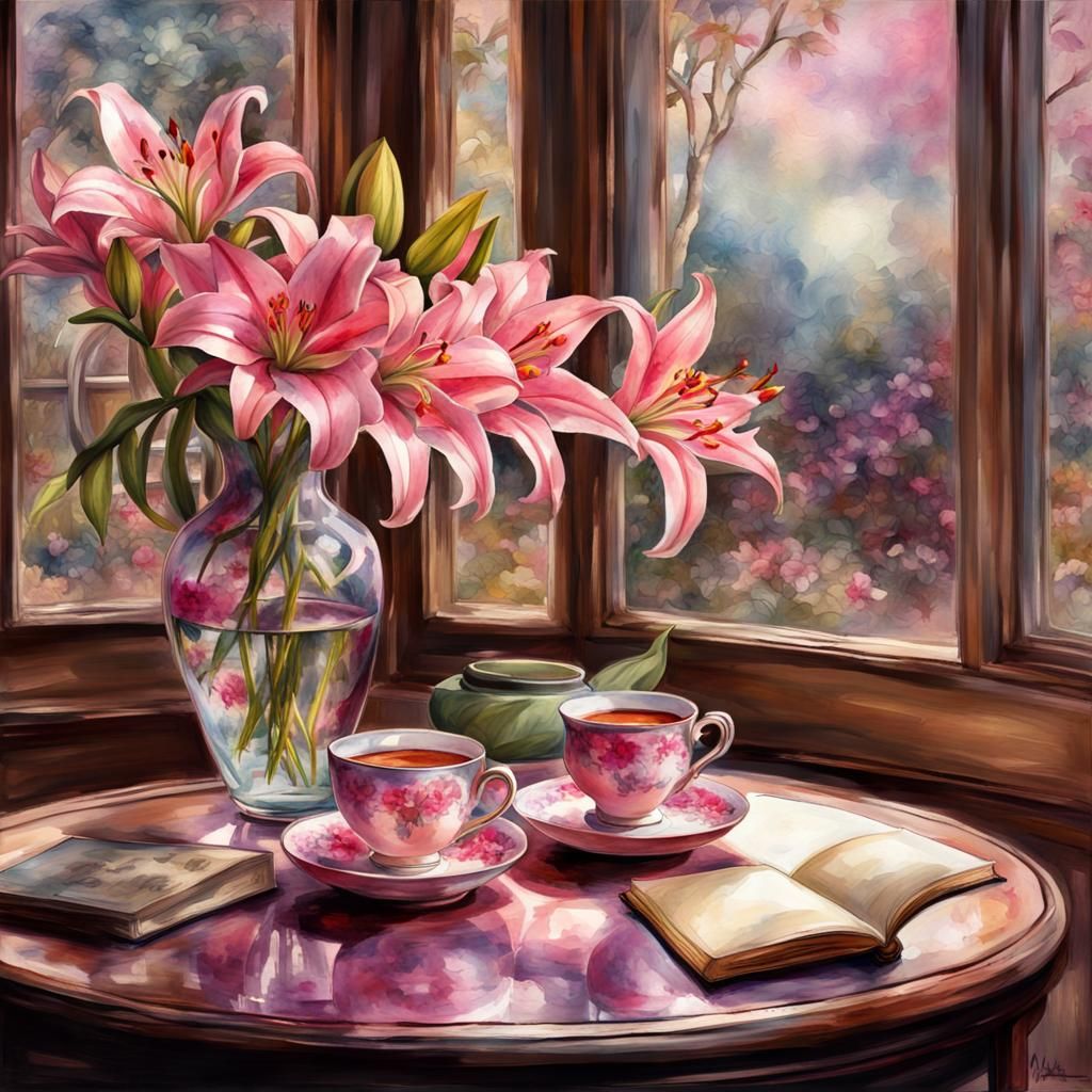 Pink Lilies in Murano Vase, Watercolor Painting