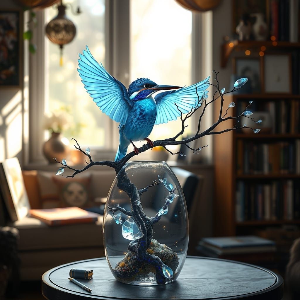 Bioluminescent Kingfisher in Glass Terrarium, Art Nouveau