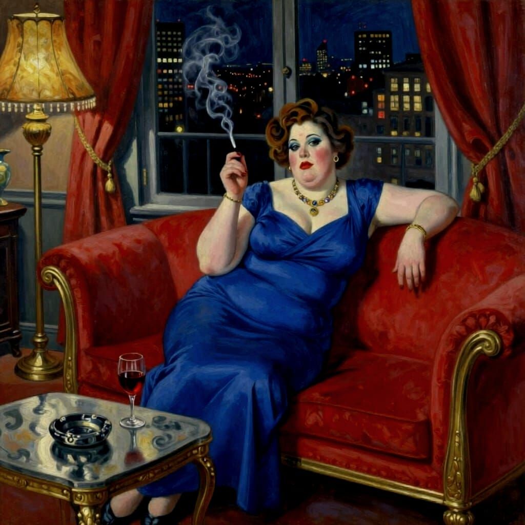 Woman in Blue Dress Smoking on Red Couch