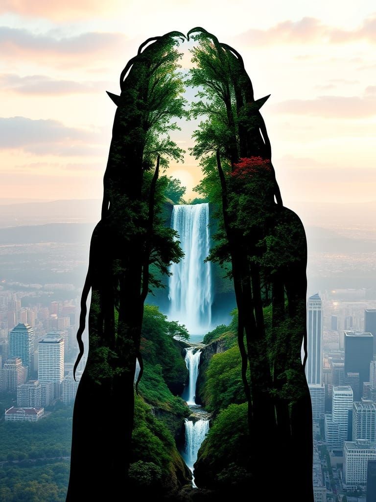 Surreal Double Exposure Art of a Female Elf Silhouette in a ...