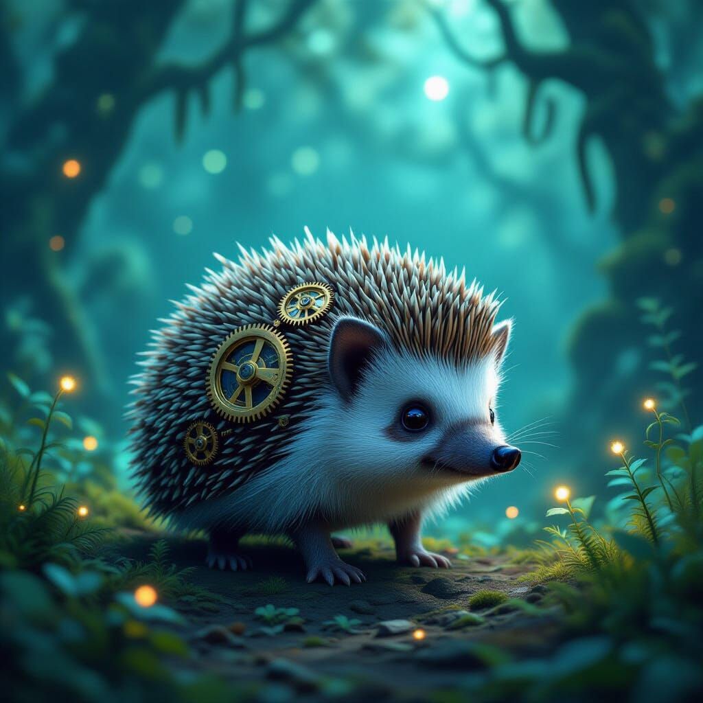 Ancient Clockwork Hedgehog in Bioluminescent Forest