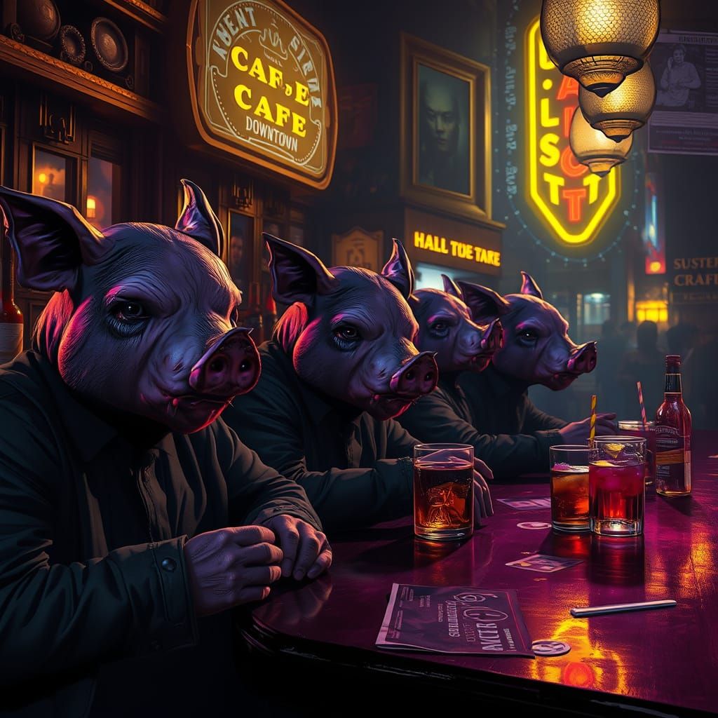 Dark Fantasy Nightcafe Scene with Melancholy Pig-Human Figur...