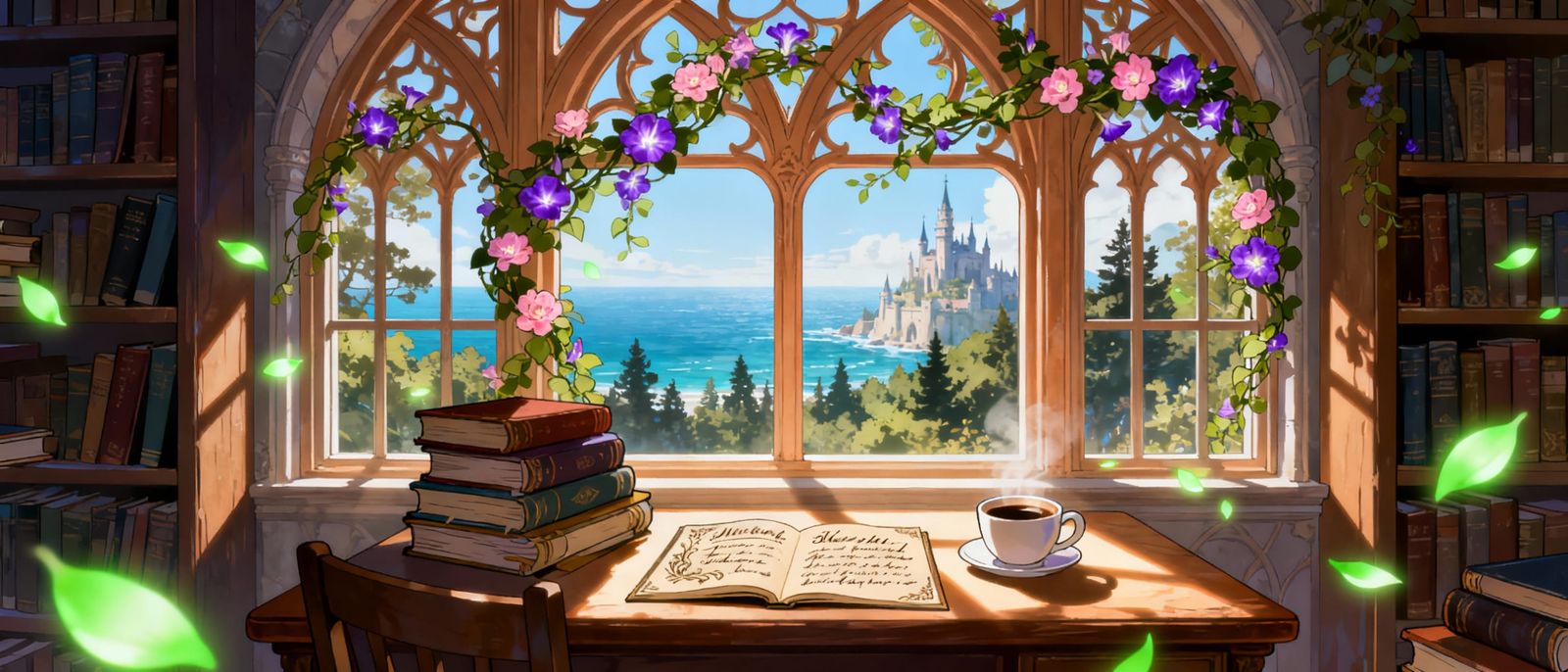 Magical Medieval Library Table with Books and Coffee