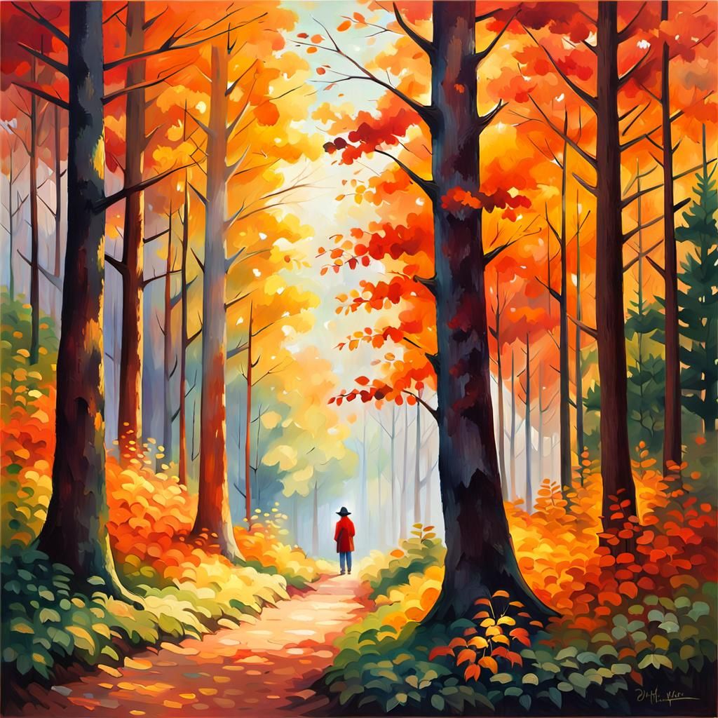 Impressionist Autumn Landscape Painting with Lone Figure