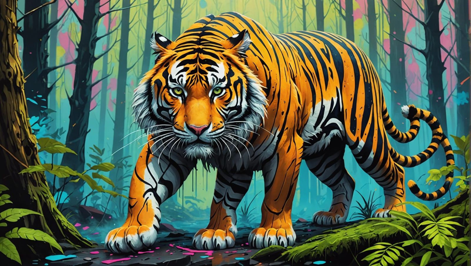 Cybernetic Tiger in Burning Future: Graffiti Art