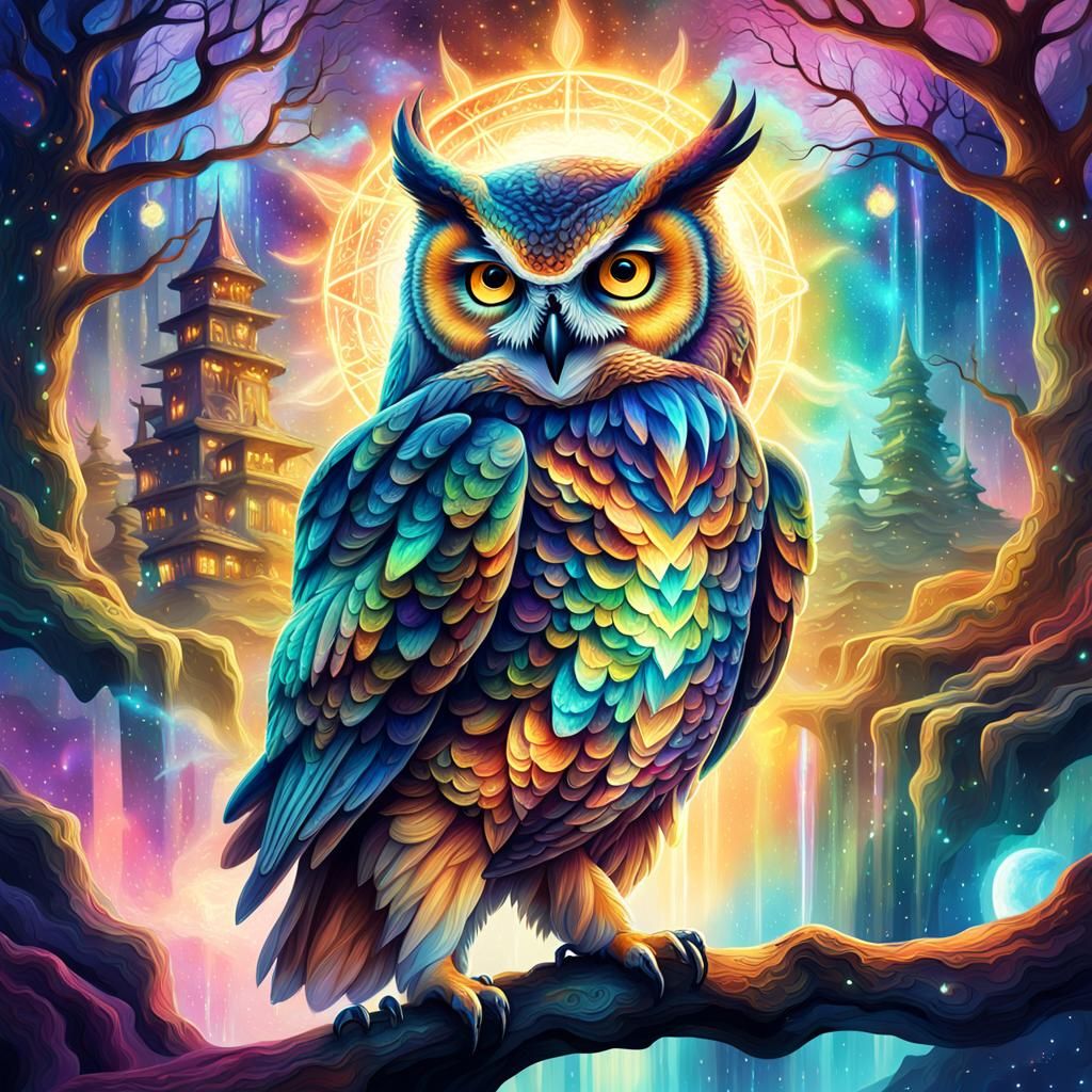 Mystical Owl in Psychedelic Astral Aurora