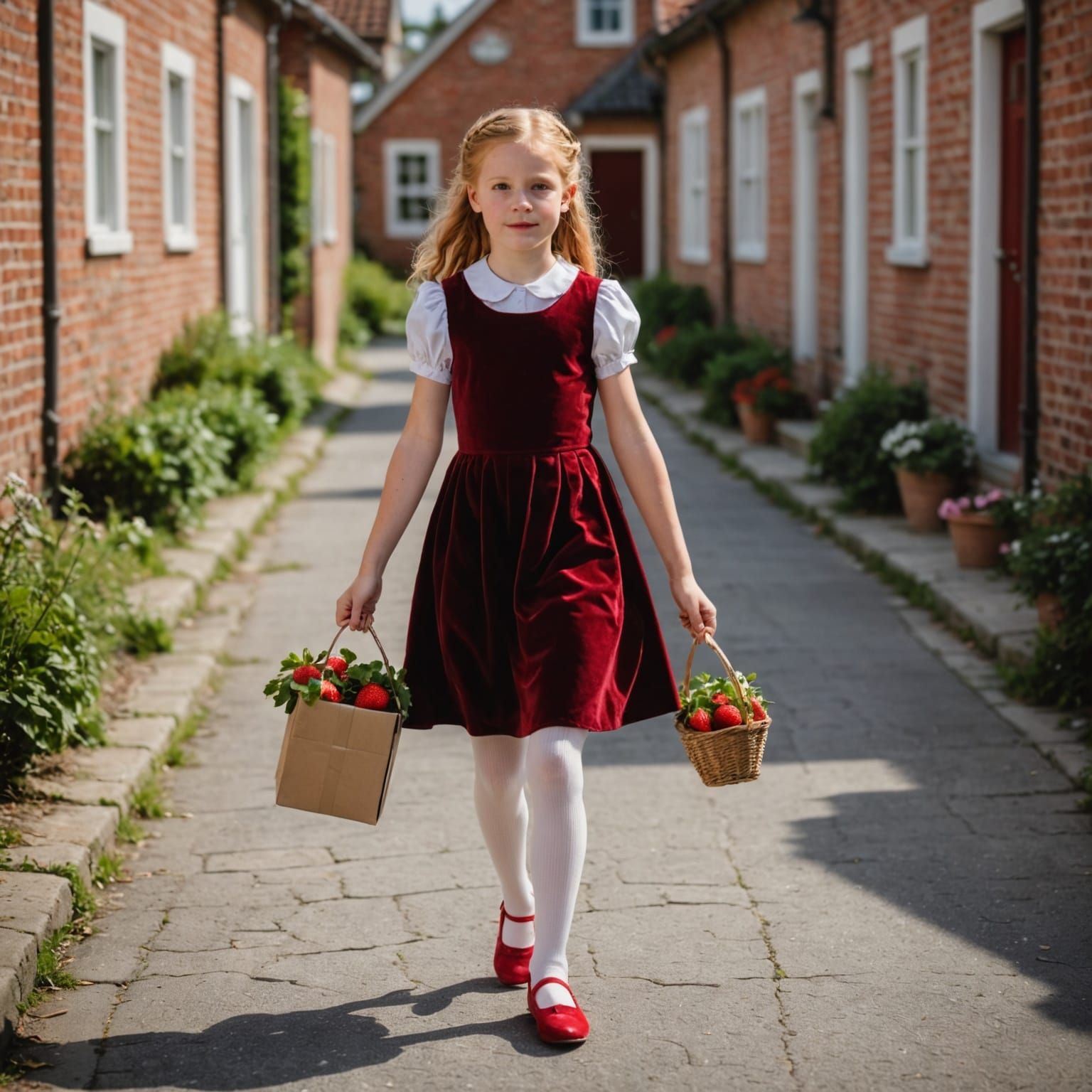 Adorable Village Girl in Red Velvet Dress and Strawberry Blo...