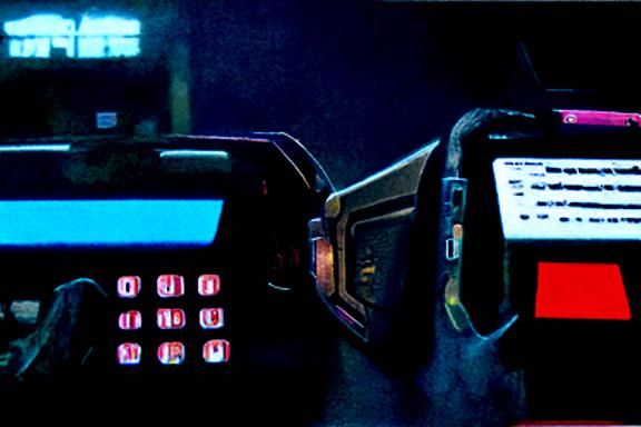 Futuristic Phone on Workstation in Cyberpunk Style