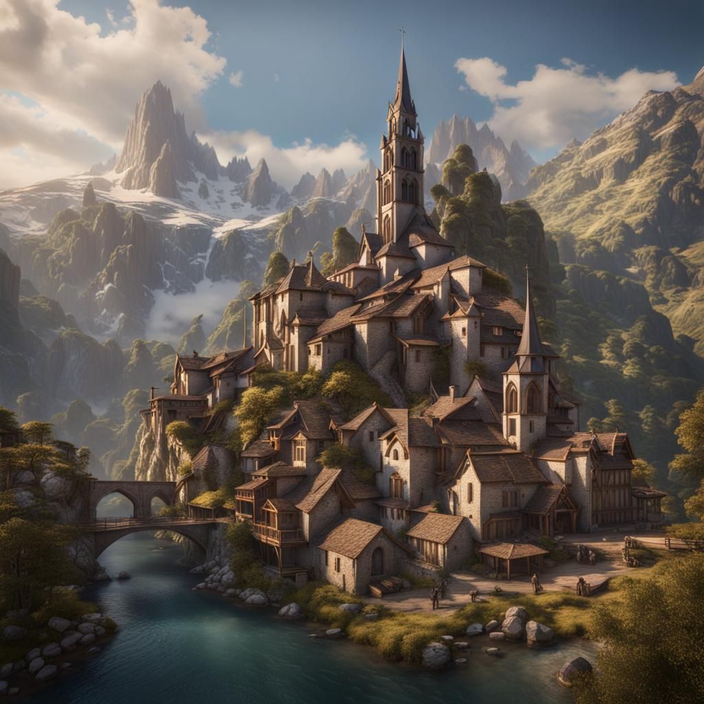 Mountain Town Church Union: Detailed Matte Painting