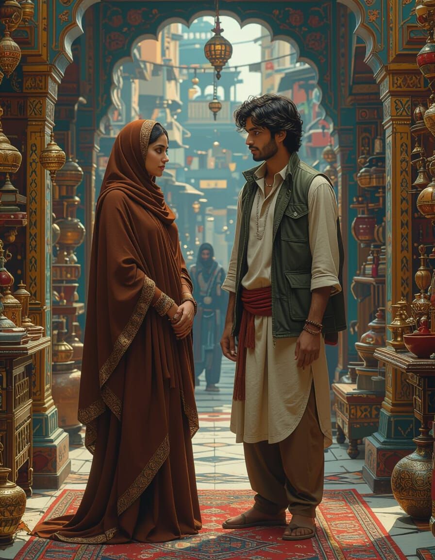 Woman in Hijab with Companion, Detailed Matte Painting