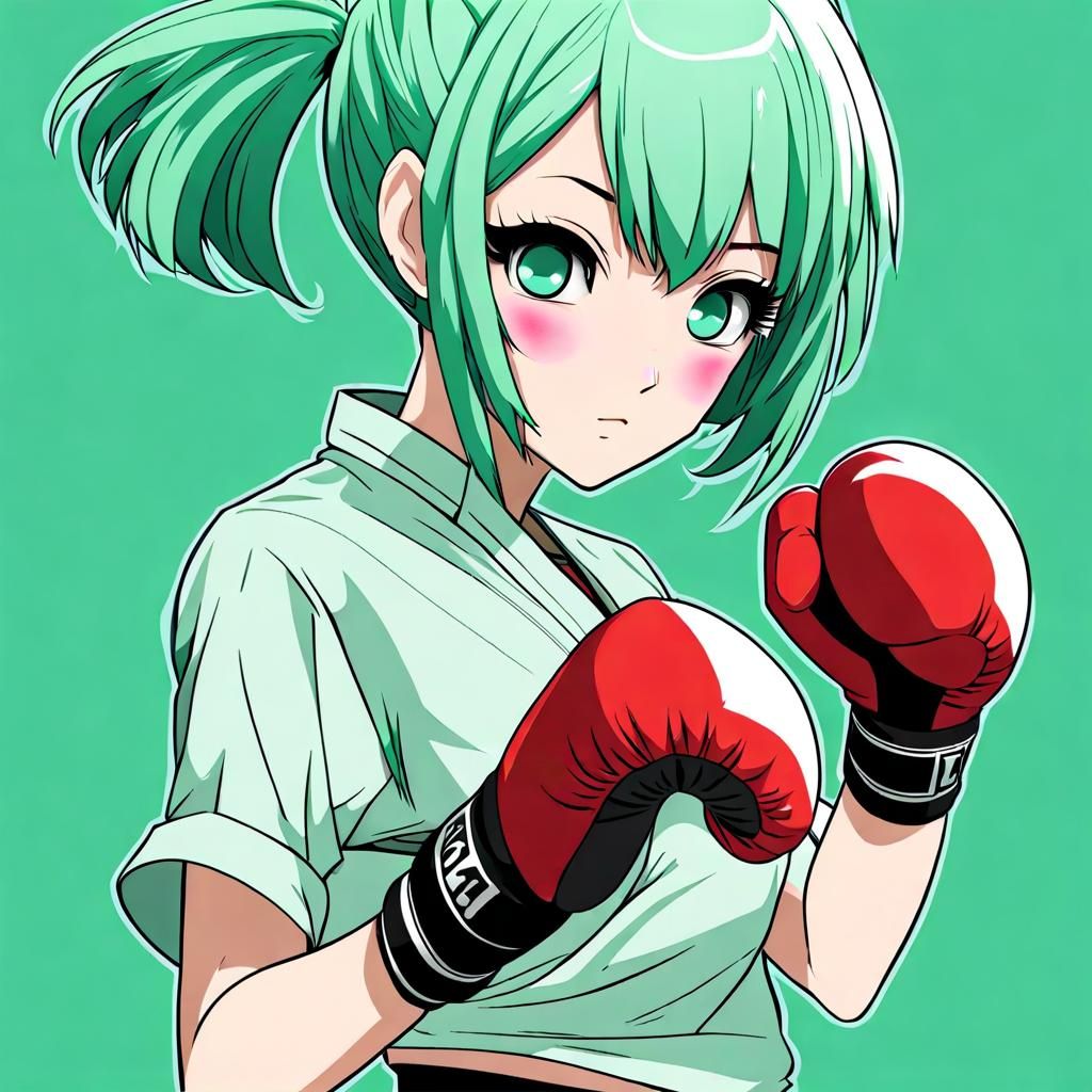 Anime Girl with Mint Hair Kickboxing