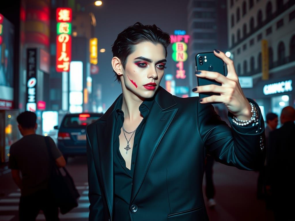 Cyberpunk Vampire Influencer in Neon Cityscape