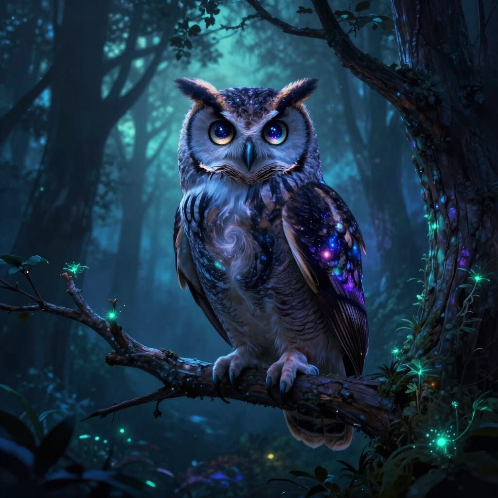 Majestic Nebula Owl in Bioluminescent Forest