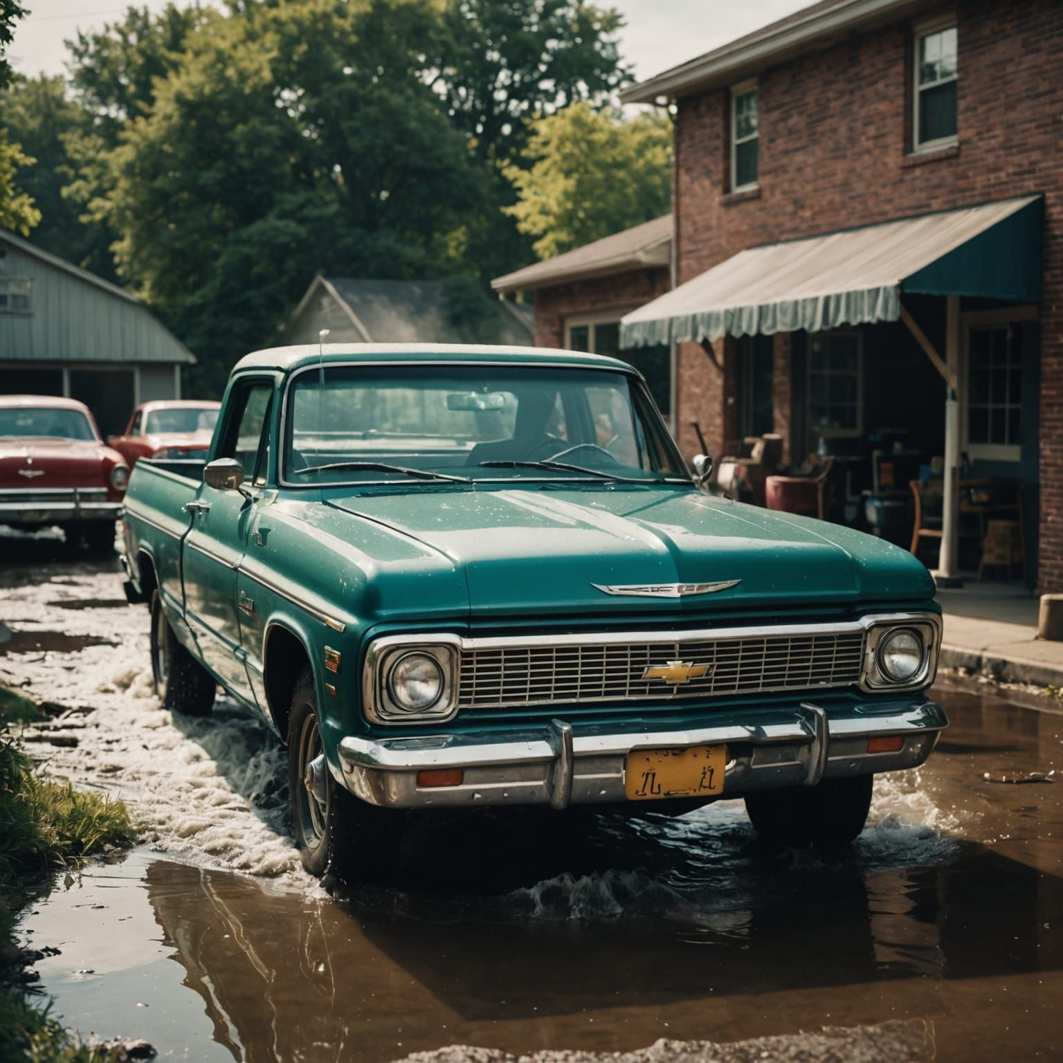 Vintage Chevy Car Wash: Cinematic Film Still