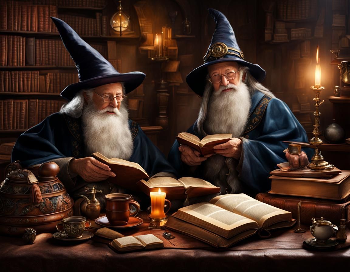 Photorealistic Wizards Sharing Tales in Cluttered Study