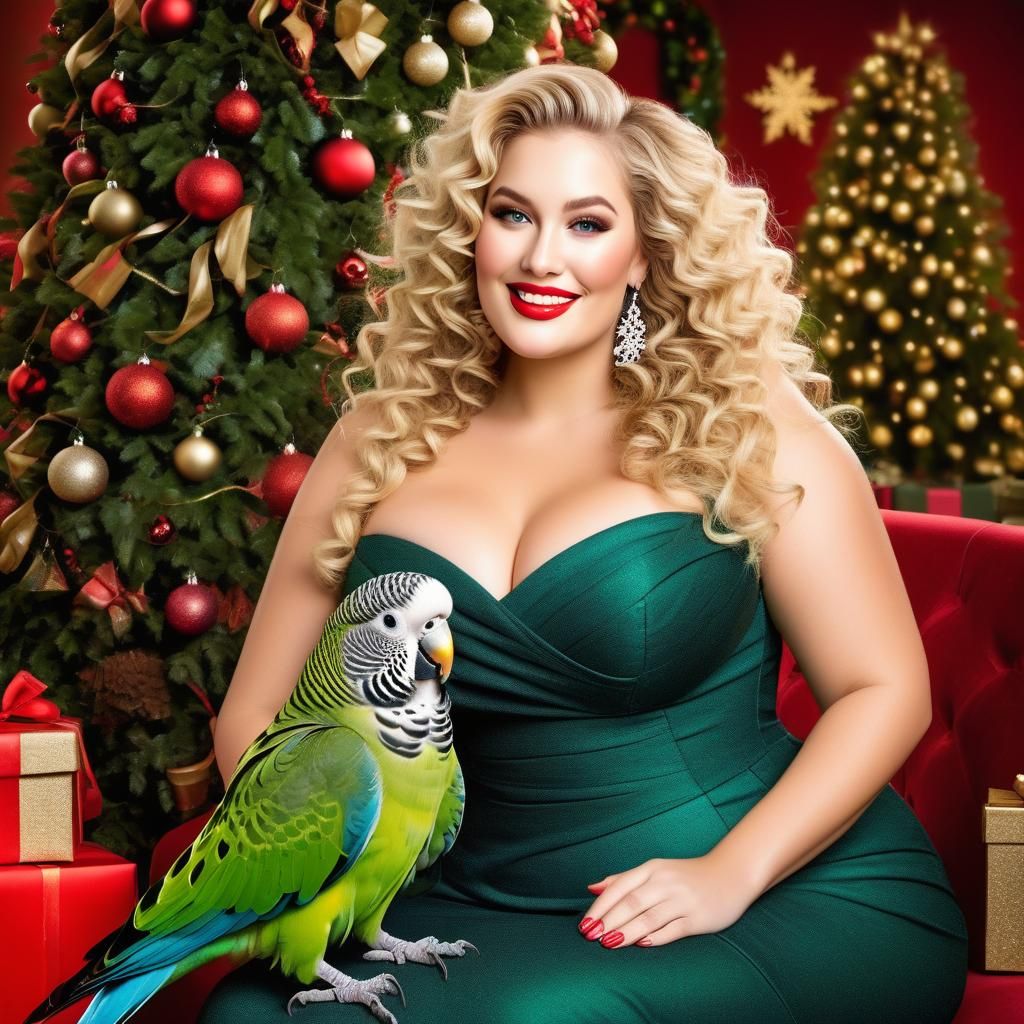 Curvy Woman and Parakeet Celebrate Christmas