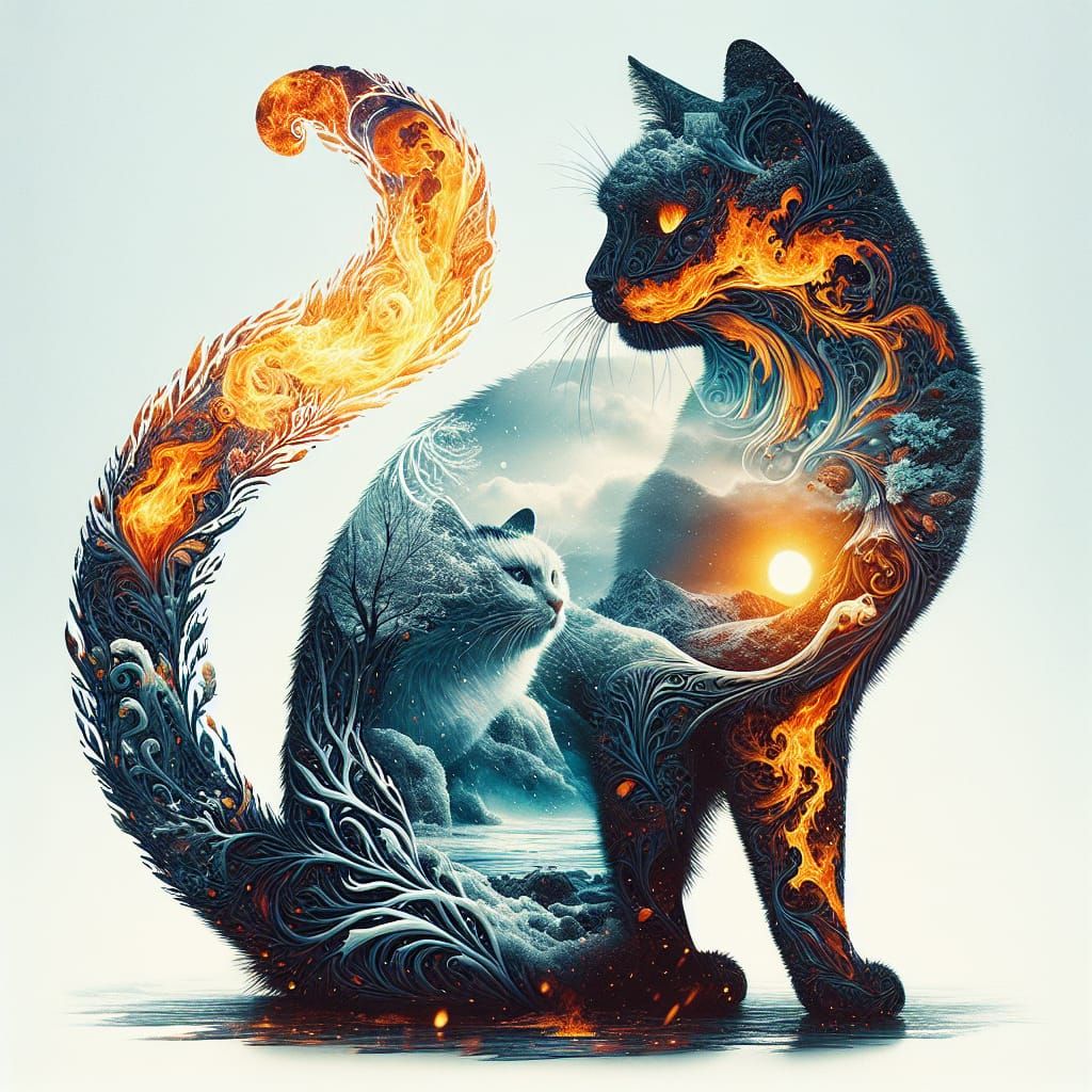 Double Exposure Cats in Harmony with Nature