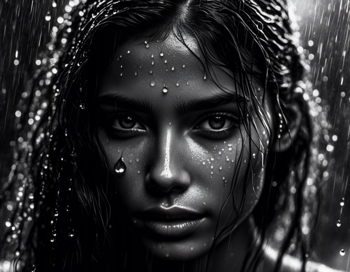Monochrome Portrait of a Woman in Pouring Rain
