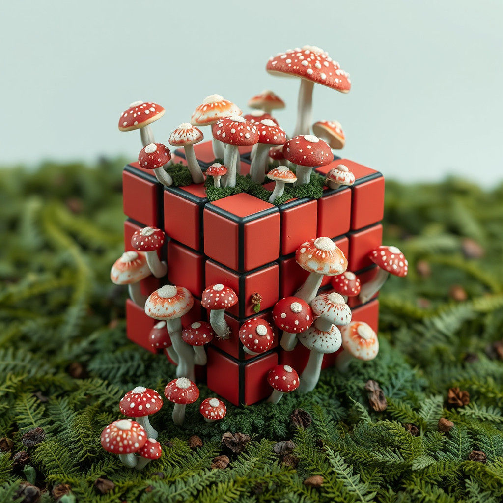 Surreal Mushroom Rubik's Cube in Polymer Clay