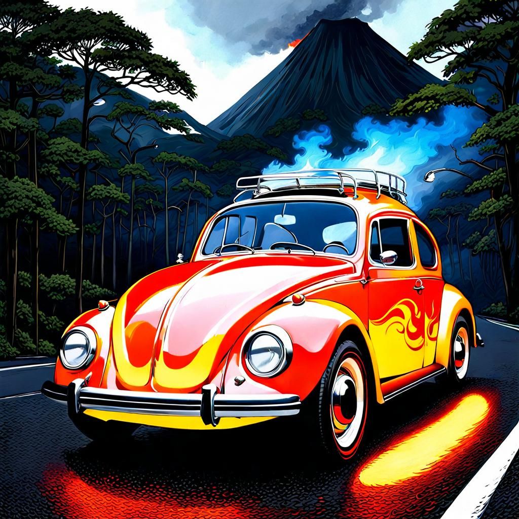 Flaming Beetle Volcano in Anime Vintage Art Style