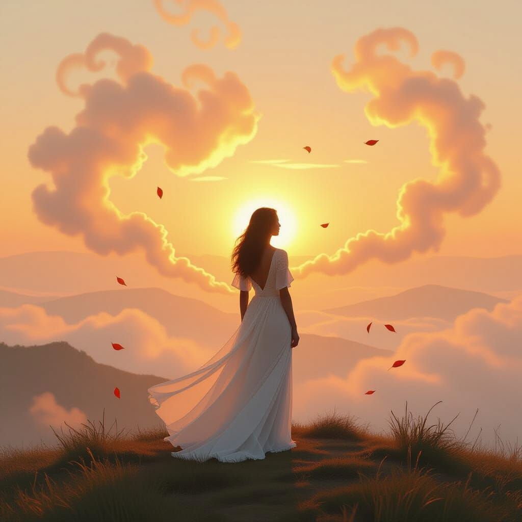 Woman in White Dress: Dreamy Sunset Landscape