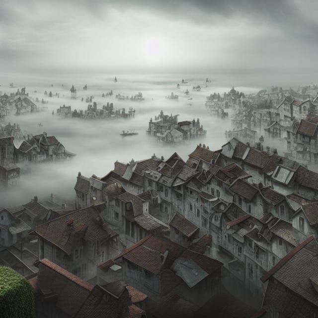 Fishing Village Engulfed by Fog: Digital Matte Painting