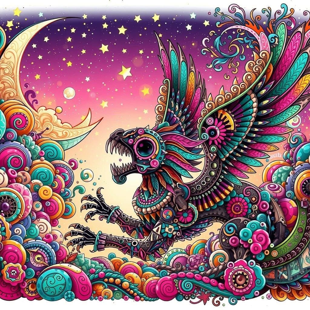 Goth Quetzalcoatl in Vibrant Cutecore Style