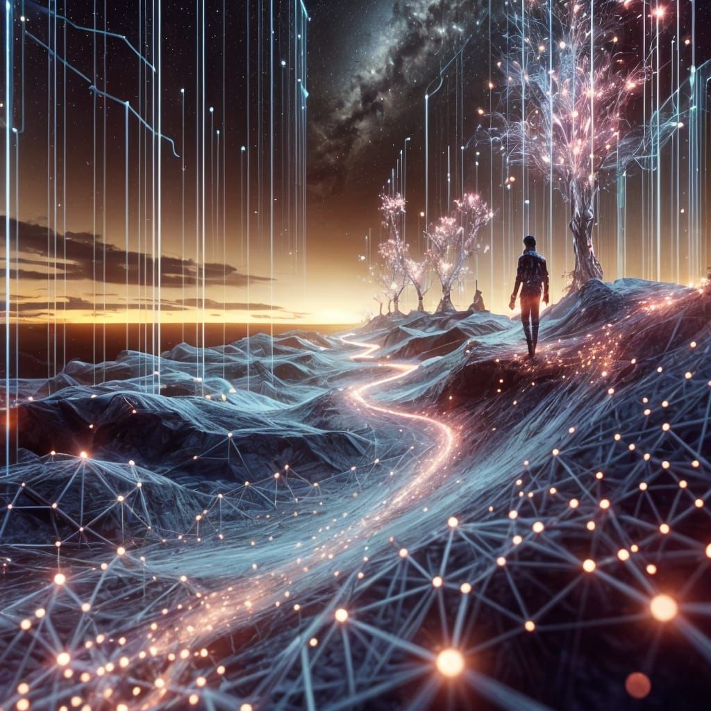 Digital Nomad Avatar on Illuminated Metaverse Pathway