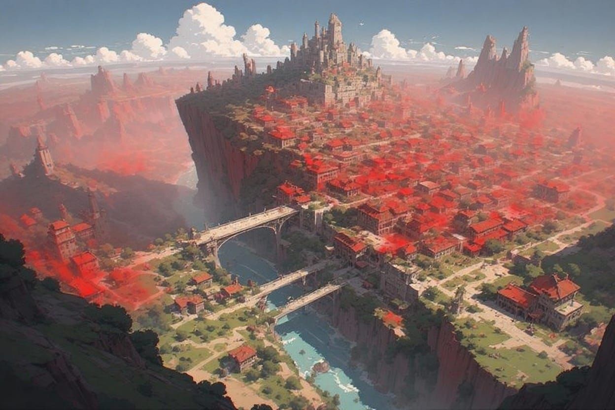 Unique Building Enveloped in Red Miasma