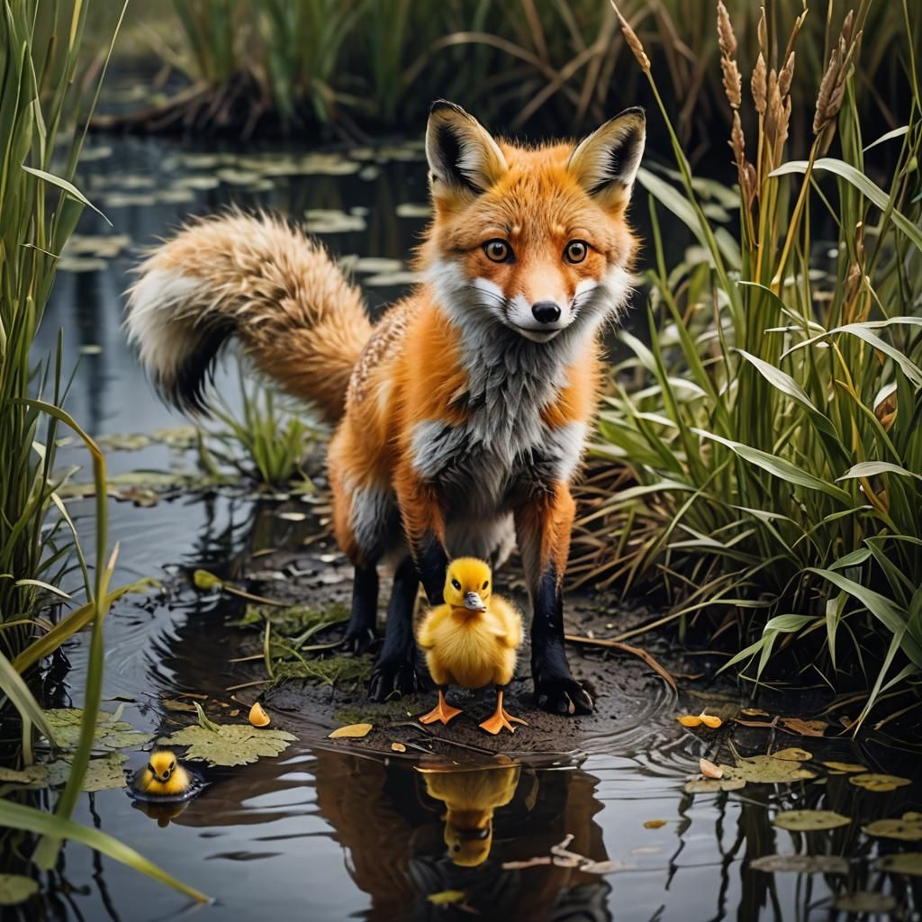 Cute Fox Cuddles Scared Duckling in Swamp, Hyper-Realistic A...