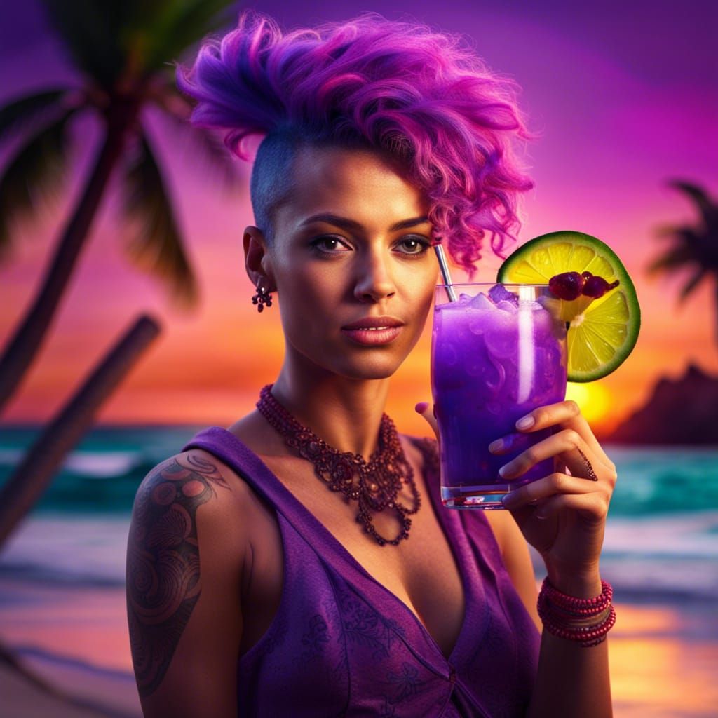 Attractive Girl with Cocktail at Tropical Sunset