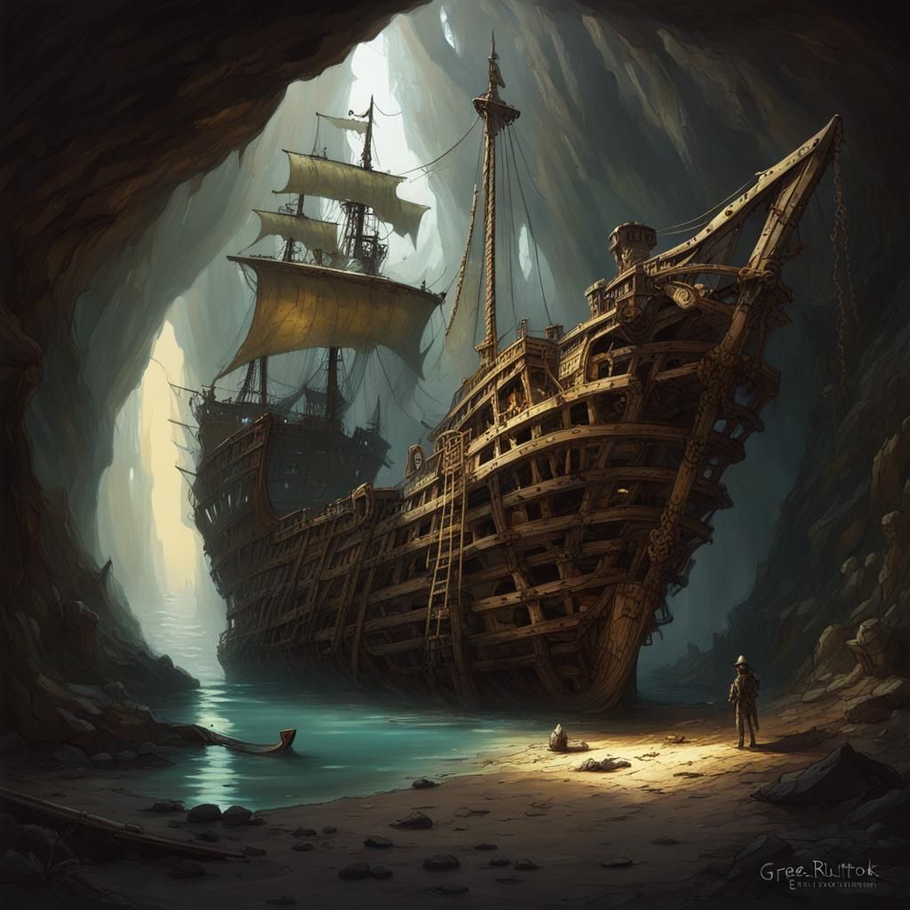 abandoned pirate ship in an underground cavern, skeleton