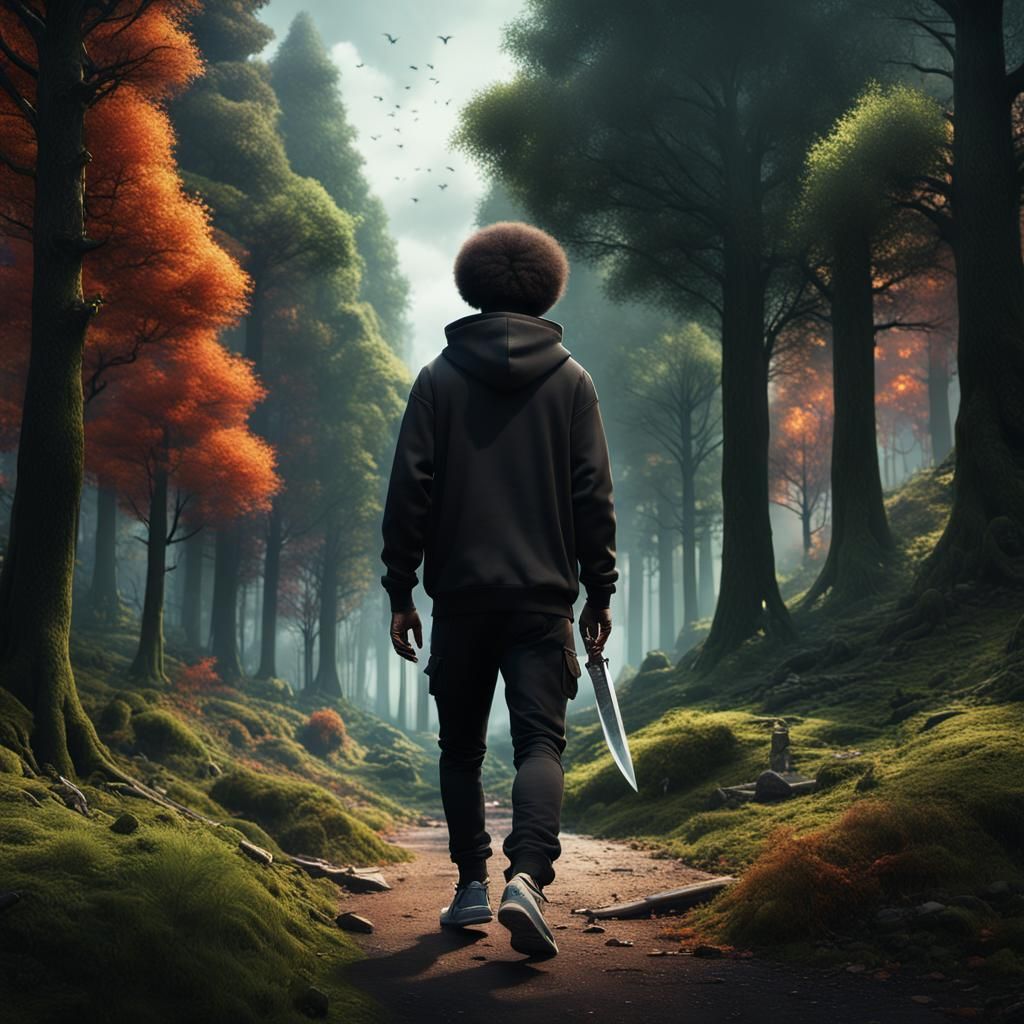 Black Man with Knife in Forest Hills: Matte Painting